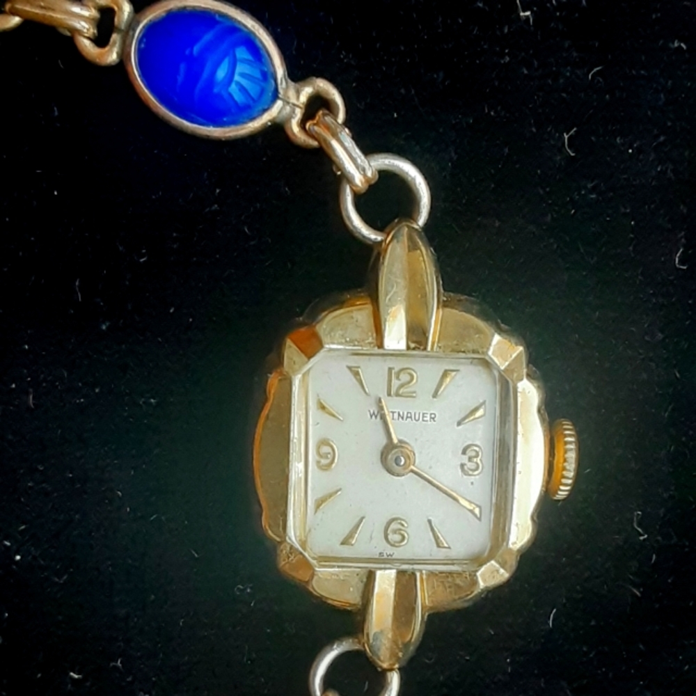 glass scarab bug bead chain band small square Wittnauer watch 10k gold filled